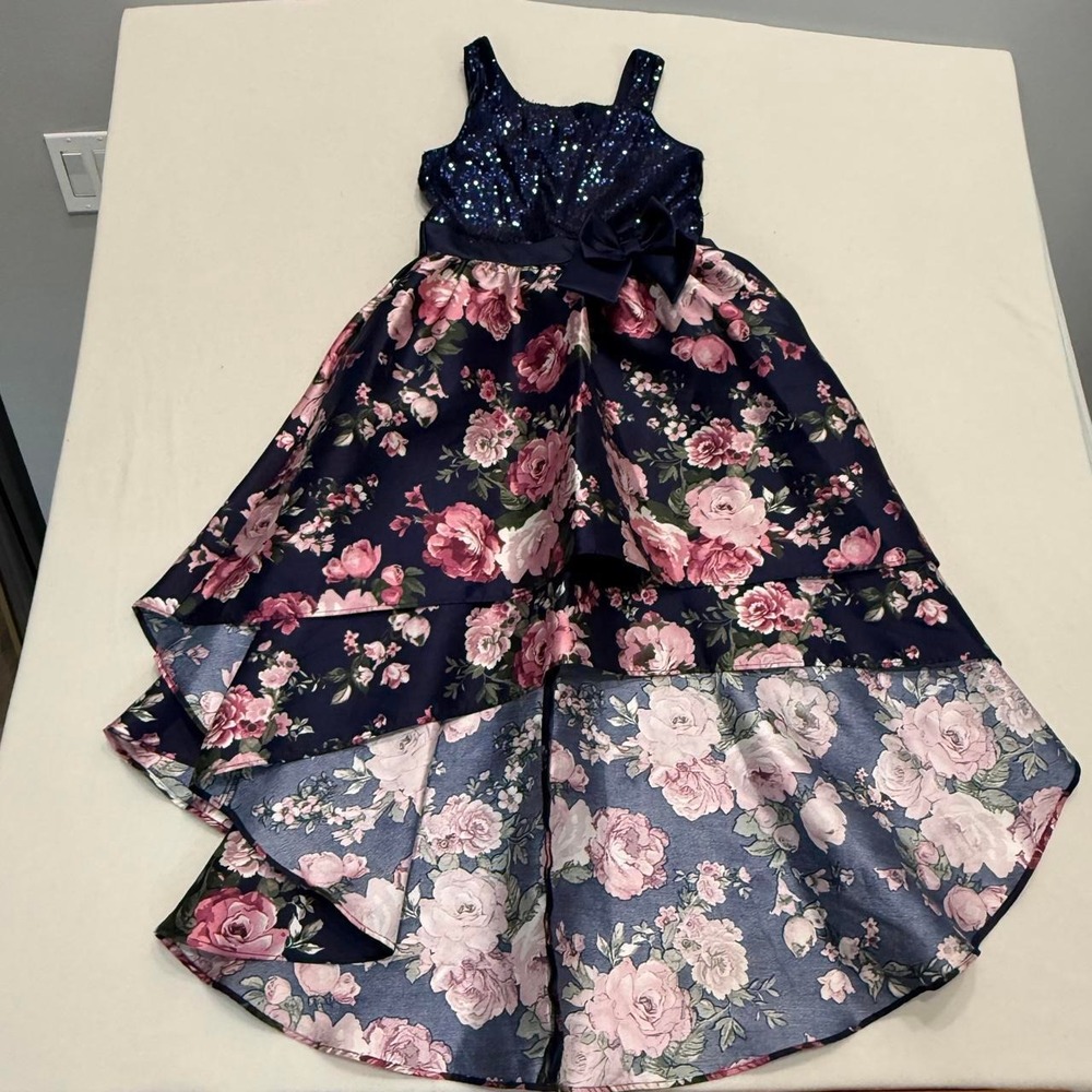 Bonnie Jean Navy Pink Floral Sequin High-Low Dress Bow Girls 14 B4-10246